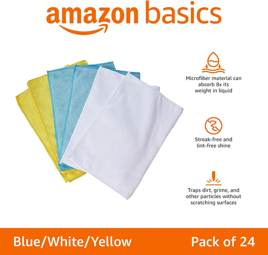 Microfiber Cleaning Cloths, Ultra Absorbent, Lint Free, Streak Free, Non-Abrasive, Reusable and Washable, 16" x 12", Blue/White/Yellow, Pack of 24