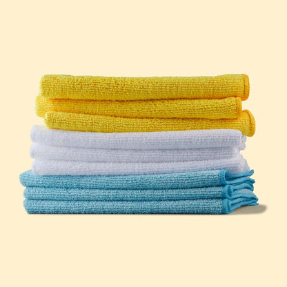 Microfiber Cleaning Cloths, Ultra Absorbent, Lint Free, Streak Free, Non-Abrasive, Reusable and Washable, 16" x 12", Blue/White/Yellow, Pack of 24