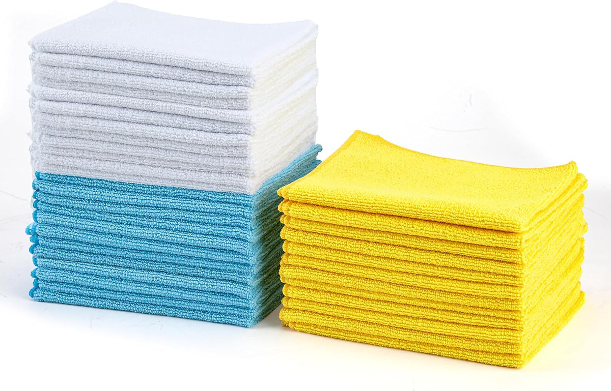 Microfiber Cleaning Cloths, Ultra Absorbent, Lint Free, Streak Free, Non-Abrasive, Reusable and Washable, 16" x 12", Blue/White/Yellow, Pack of 24
