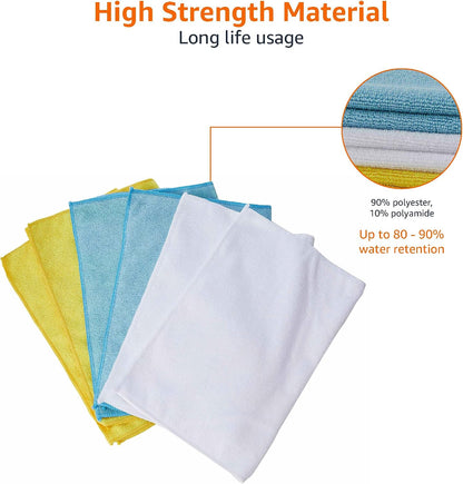 Microfiber Cleaning Cloths, Ultra Absorbent, Lint Free, Streak Free, Non-Abrasive, Reusable and Washable, 16" x 12", Blue/White/Yellow, Pack of 24