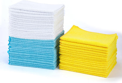 Microfiber Cleaning Cloths, Ultra Absorbent, Lint Free, Streak Free, Non-Abrasive, Reusable and Washable, 16" x 12", Blue/White/Yellow, Pack of 24