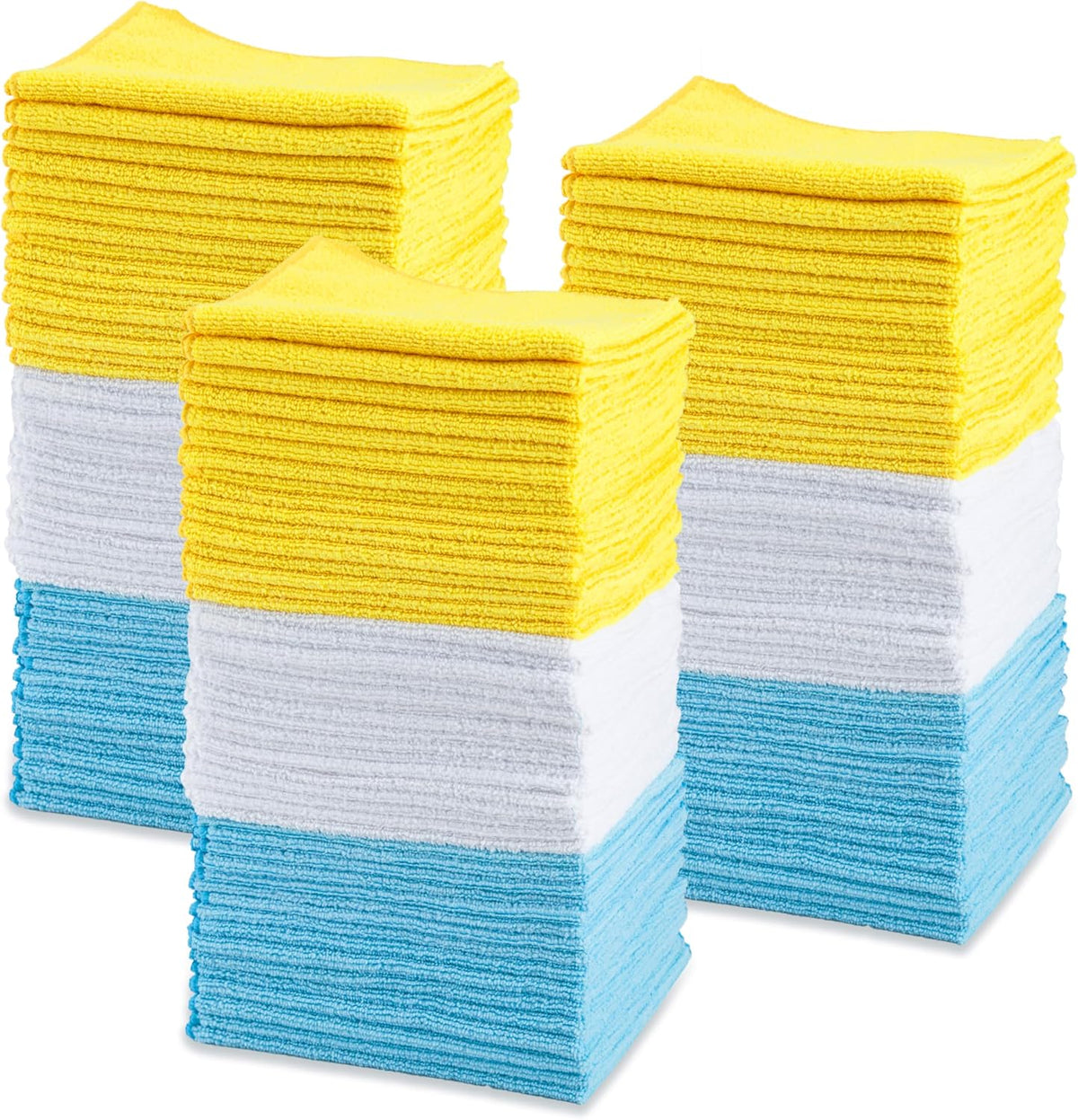 Microfiber Cleaning Cloths, Ultra Absorbent, Lint Free, Streak Free, Non-Abrasive, Reusable and Washable, 16" x 12", Blue/White/Yellow, Pack of 24