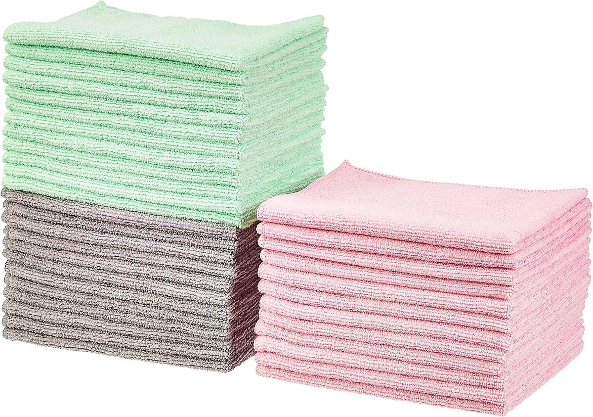 Microfiber Cleaning Cloths, Ultra Absorbent, Lint Free, Streak Free, Non-Abrasive, Reusable and Washable, 16" x 12", Blue/White/Yellow, Pack of 24