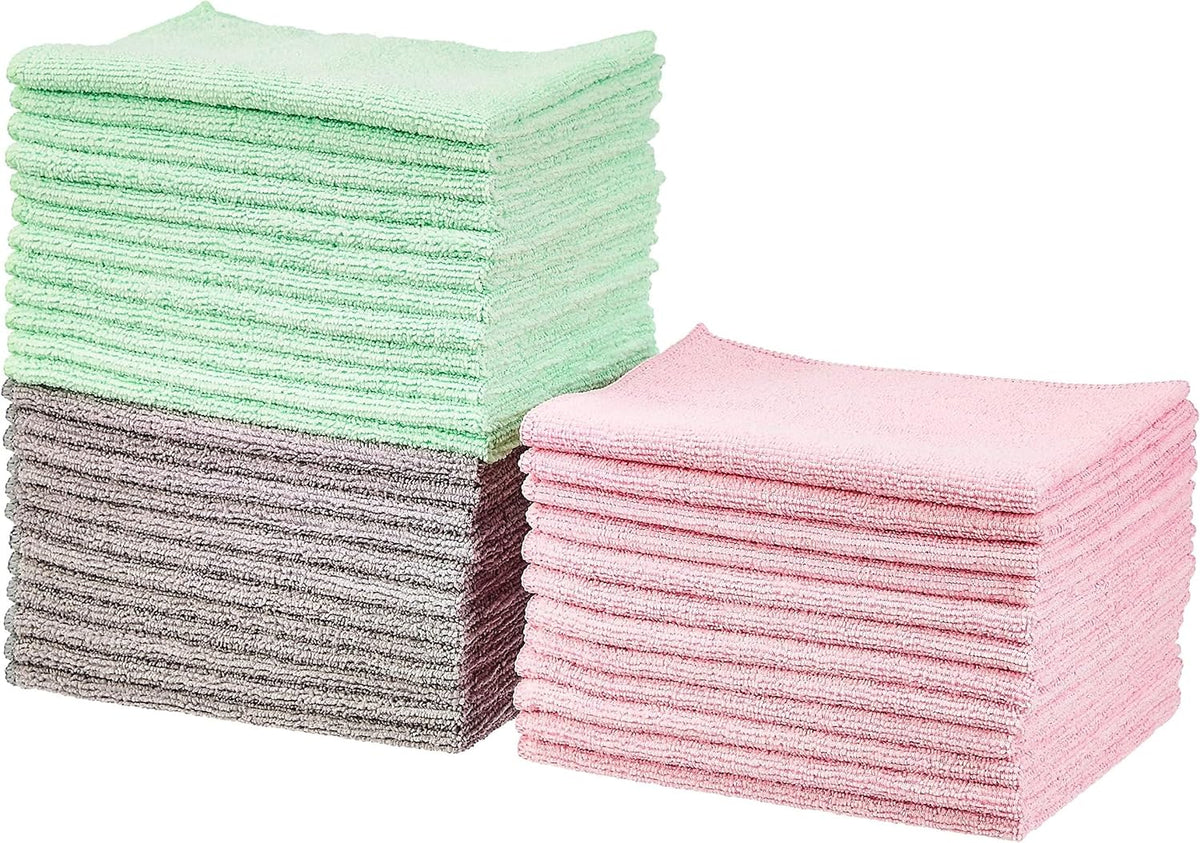 Microfiber Cleaning Cloths, Ultra Absorbent, Lint Free, Streak Free, Non-Abrasive, Reusable and Washable, 16" x 12", Blue/White/Yellow, Pack of 24