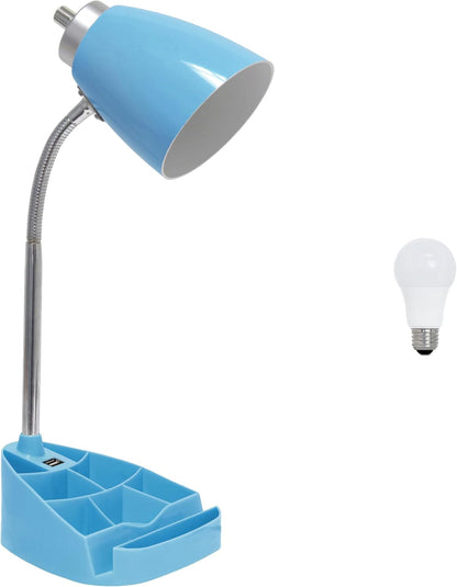 LD1056-BLU-LB 18.5" Gooseneck Organizer Desk Lamp with iPad Tablet Stand Book Holder and USB Port, with LED Bulb, Blue