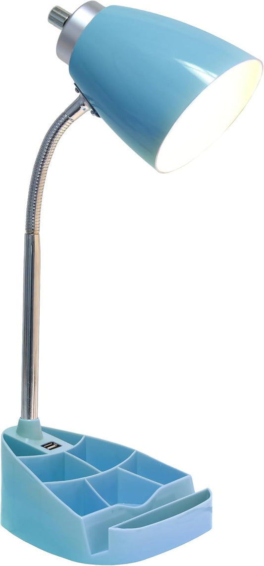 LD1056-BLU-LB 18.5" Gooseneck Organizer Desk Lamp with iPad Tablet Stand Book Holder and USB Port, with LED Bulb, Blue