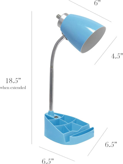 LD1056-BLU-LB 18.5" Gooseneck Organizer Desk Lamp with iPad Tablet Stand Book Holder and USB Port, with LED Bulb, Blue