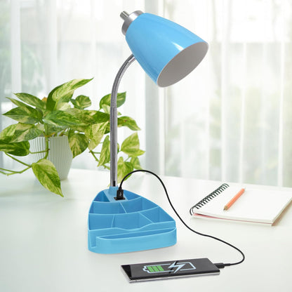 LD1056-BLU-LB 18.5" Gooseneck Organizer Desk Lamp with iPad Tablet Stand Book Holder and USB Port, with LED Bulb, Blue