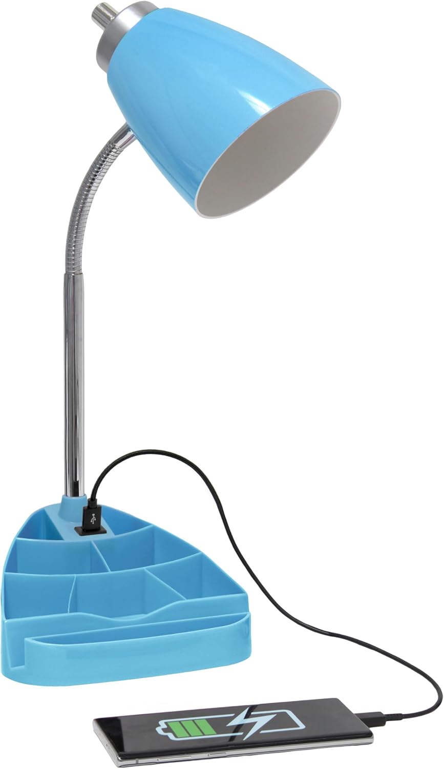 LD1056-BLU-LB 18.5" Gooseneck Organizer Desk Lamp with iPad Tablet Stand Book Holder and USB Port, with LED Bulb, Blue