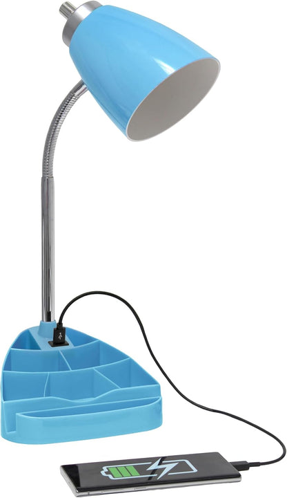 LD1056-BLU-LB 18.5" Gooseneck Organizer Desk Lamp with iPad Tablet Stand Book Holder and USB Port, with LED Bulb, Blue