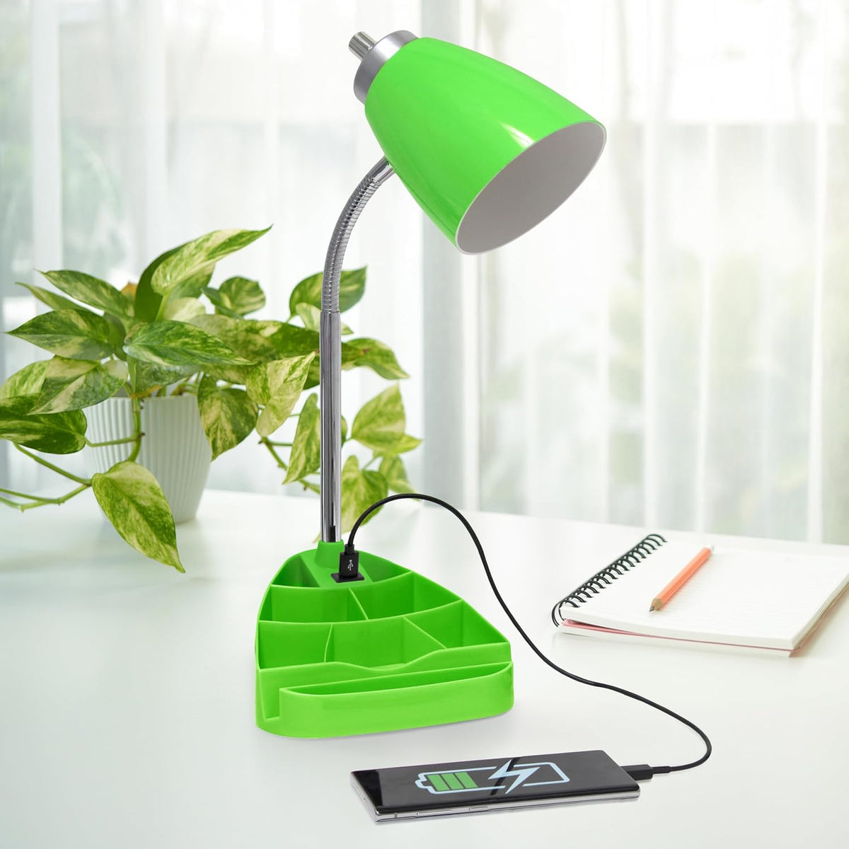 LD1056-BLU-LB 18.5" Gooseneck Organizer Desk Lamp with iPad Tablet Stand Book Holder and USB Port, with LED Bulb, Blue