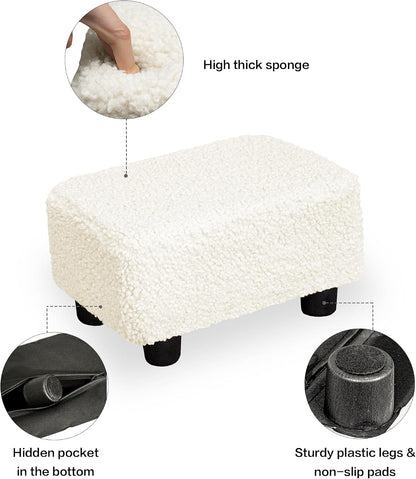 Small Foot Stool Ottoman Footstool with Legs Under Desk Footrest for Living Room Bedroom and Office, Soft Ivory White