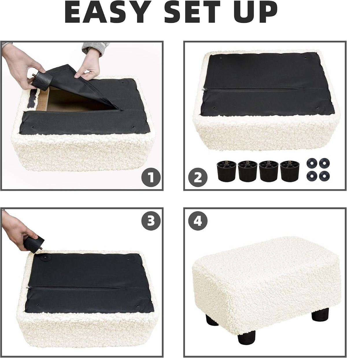 Small Foot Stool Ottoman Footstool with Legs Under Desk Footrest for Living Room Bedroom and Office, Soft Ivory White