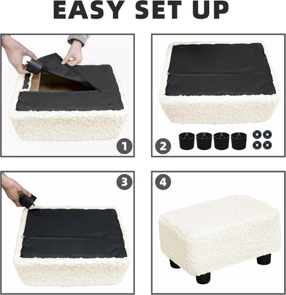 Small Foot Stool Ottoman Footstool with Legs Under Desk Footrest for Living Room Bedroom and Office, Soft Ivory White