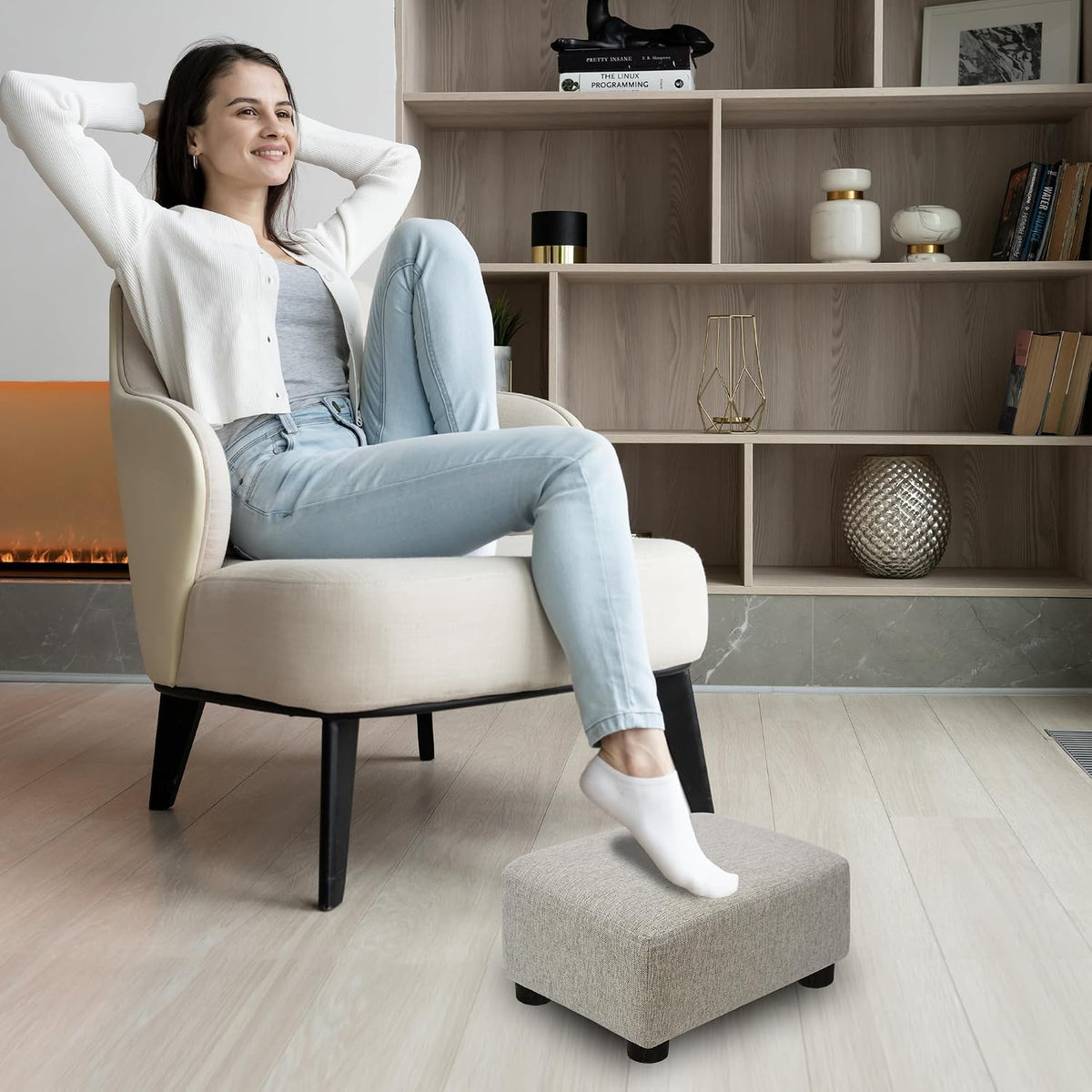 Small Foot Stool Ottoman Footstool with Legs Under Desk Footrest for Living Room Bedroom and Office, Soft Ivory White