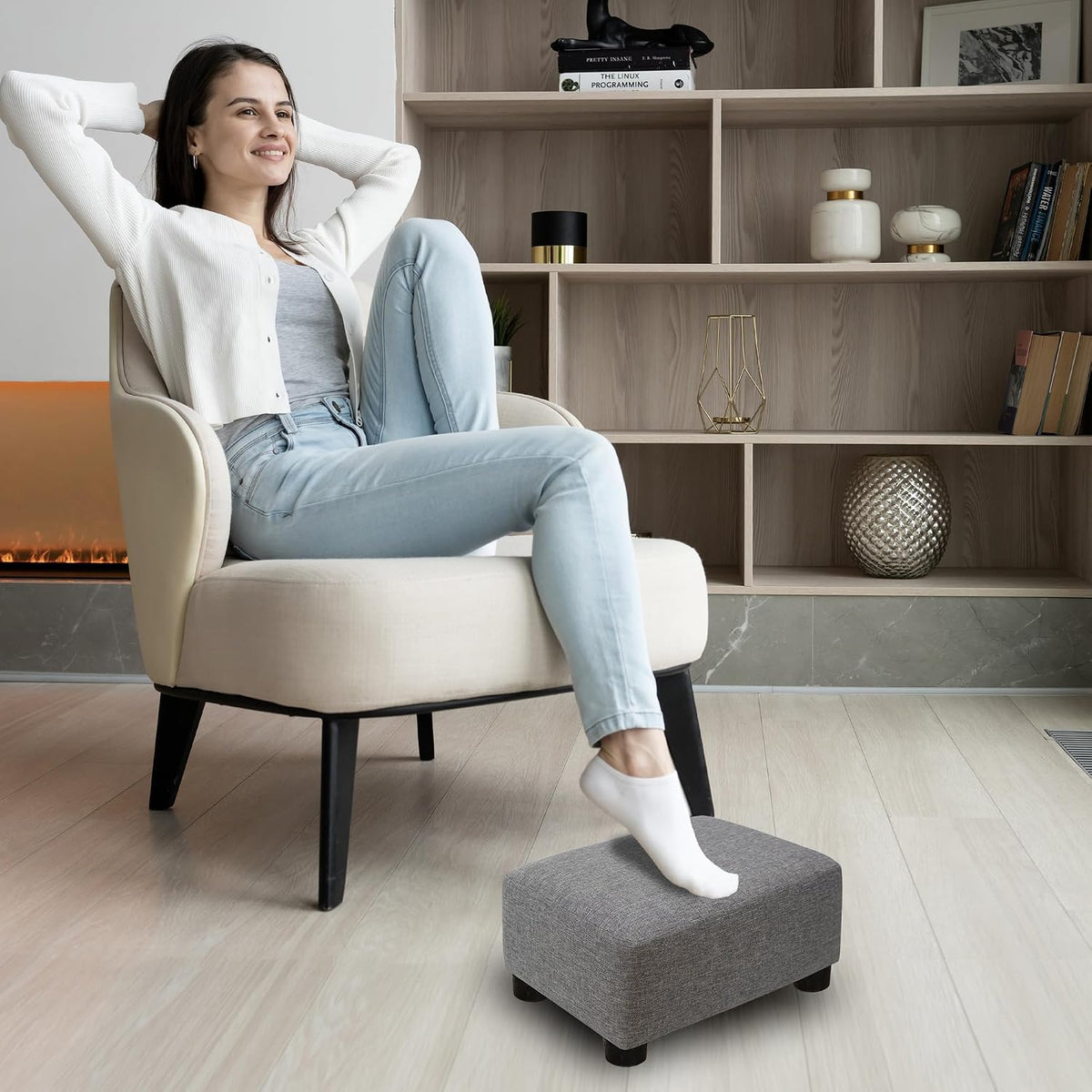 Small Foot Stool Ottoman Footstool with Legs Under Desk Footrest for Living Room Bedroom and Office, Soft Ivory White