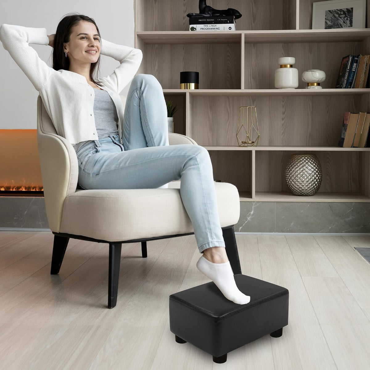 Small Foot Stool Ottoman Footstool with Legs Under Desk Footrest for Living Room Bedroom and Office, Soft Ivory White