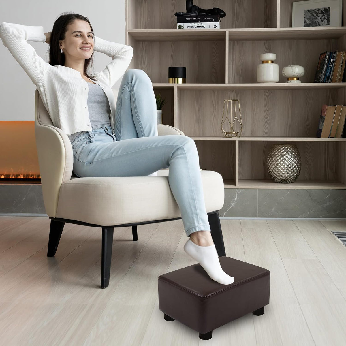 Small Foot Stool Ottoman Footstool with Legs Under Desk Footrest for Living Room Bedroom and Office, Soft Ivory White