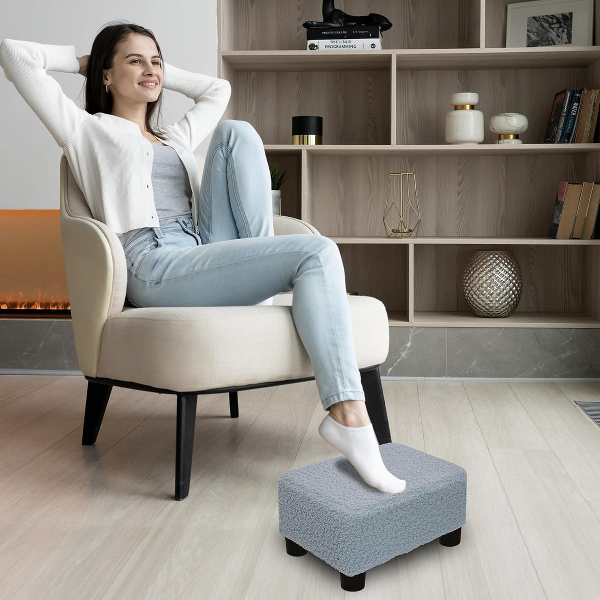 Small Foot Stool Ottoman Footstool with Legs Under Desk Footrest for Living Room Bedroom and Office, Soft Ivory White