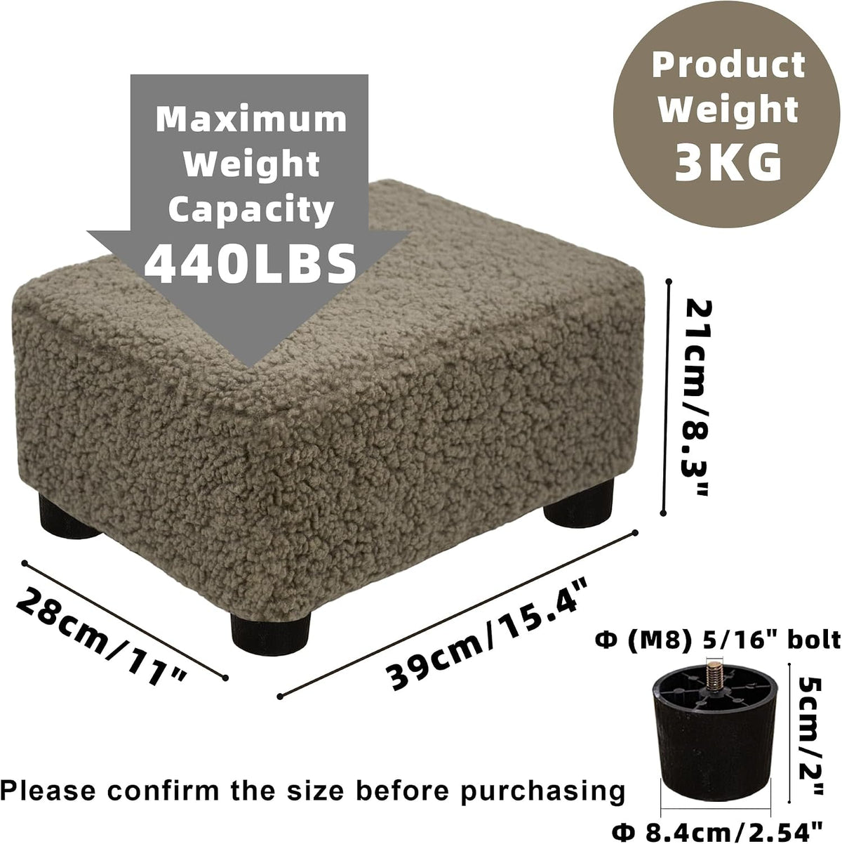 Small Foot Stool Ottoman Footstool with Legs Under Desk Footrest for Living Room Bedroom and Office, Soft Ivory White