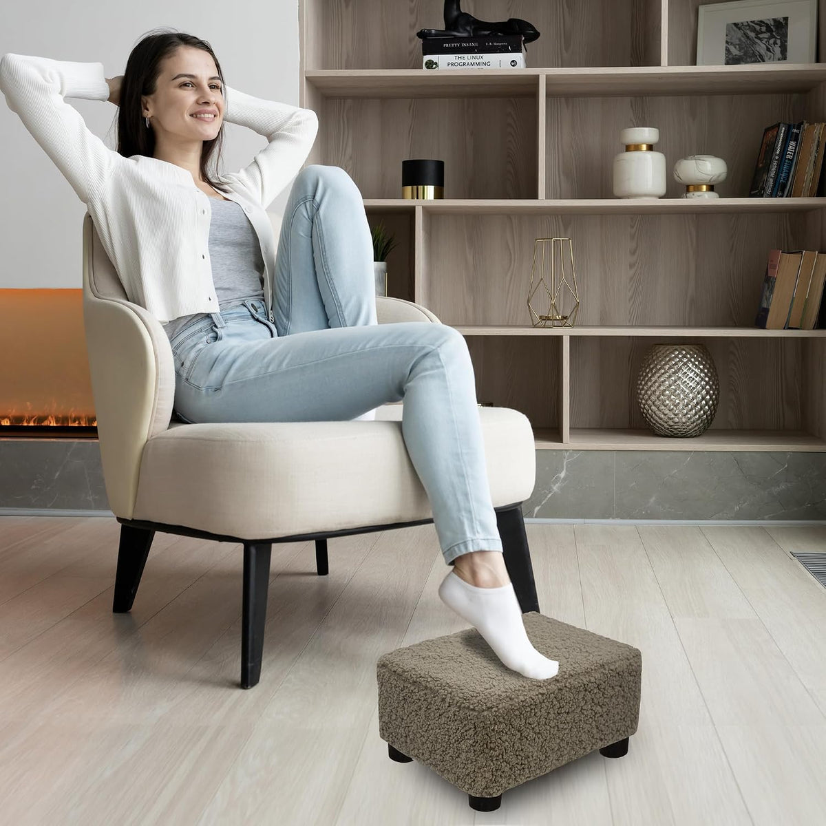 Small Foot Stool Ottoman Footstool with Legs Under Desk Footrest for Living Room Bedroom and Office, Soft Ivory White