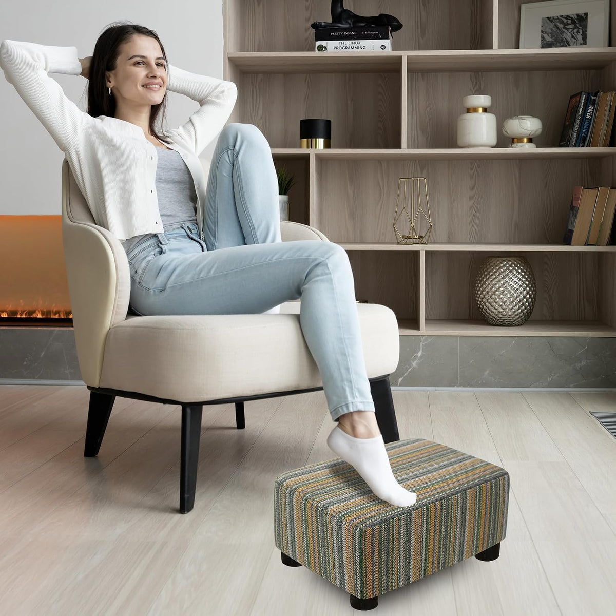 Small Foot Stool Ottoman Footstool with Legs Under Desk Footrest for Living Room Bedroom and Office, Soft Ivory White