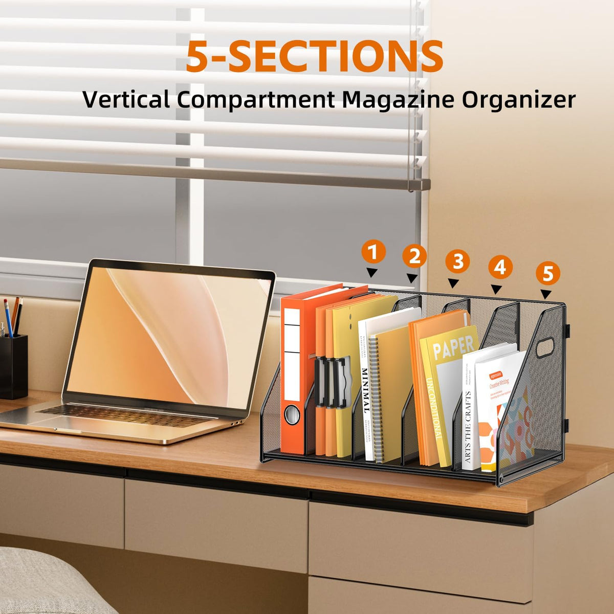 Binder Organizer, Magazine File Holder with 5 Vertical Rack, Black