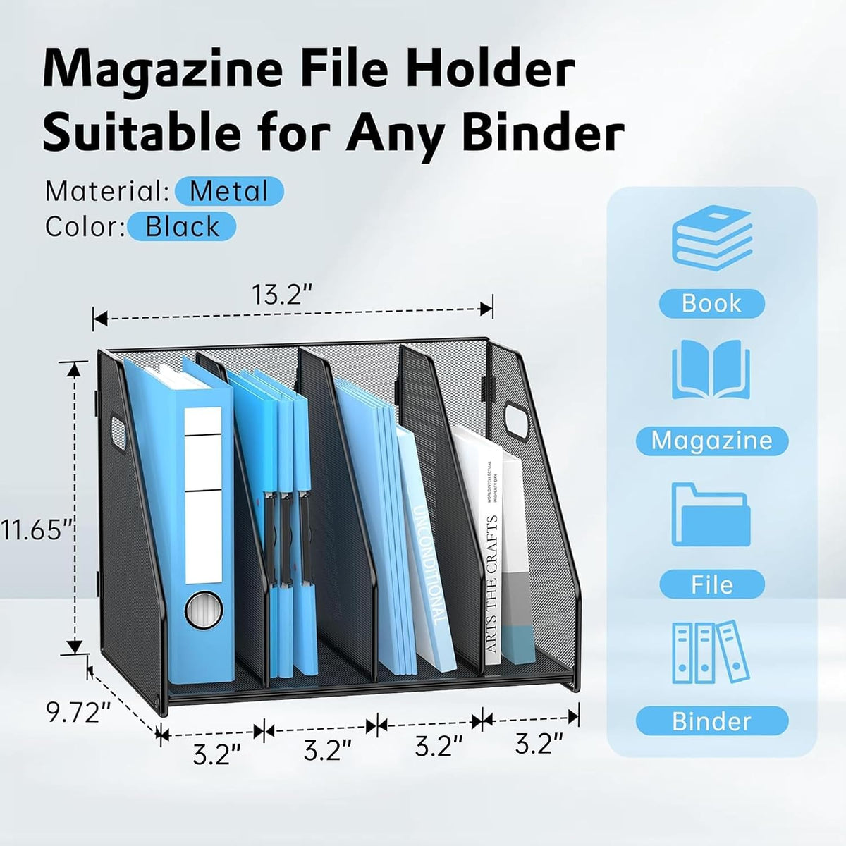 Binder Organizer, Magazine File Holder with 5 Vertical Rack, Black