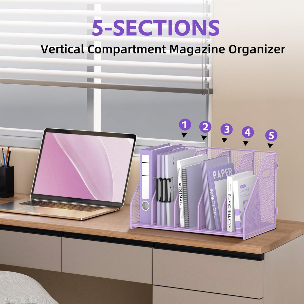 Binder Organizer, Magazine File Holder with 5 Vertical Rack, Black