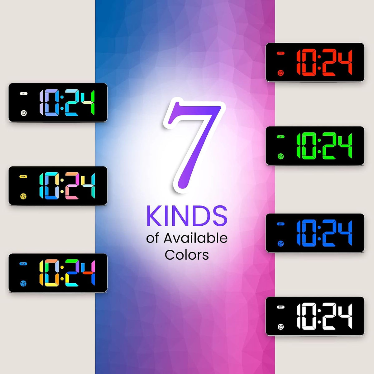 Alarm Clock for Kids -Digital Clock with 7 Color, 4 Dimmable Backlight & 3 Adjustable Volumes, 12/24 Hour, Snooze, Small Clocks for Classroom Bedroom