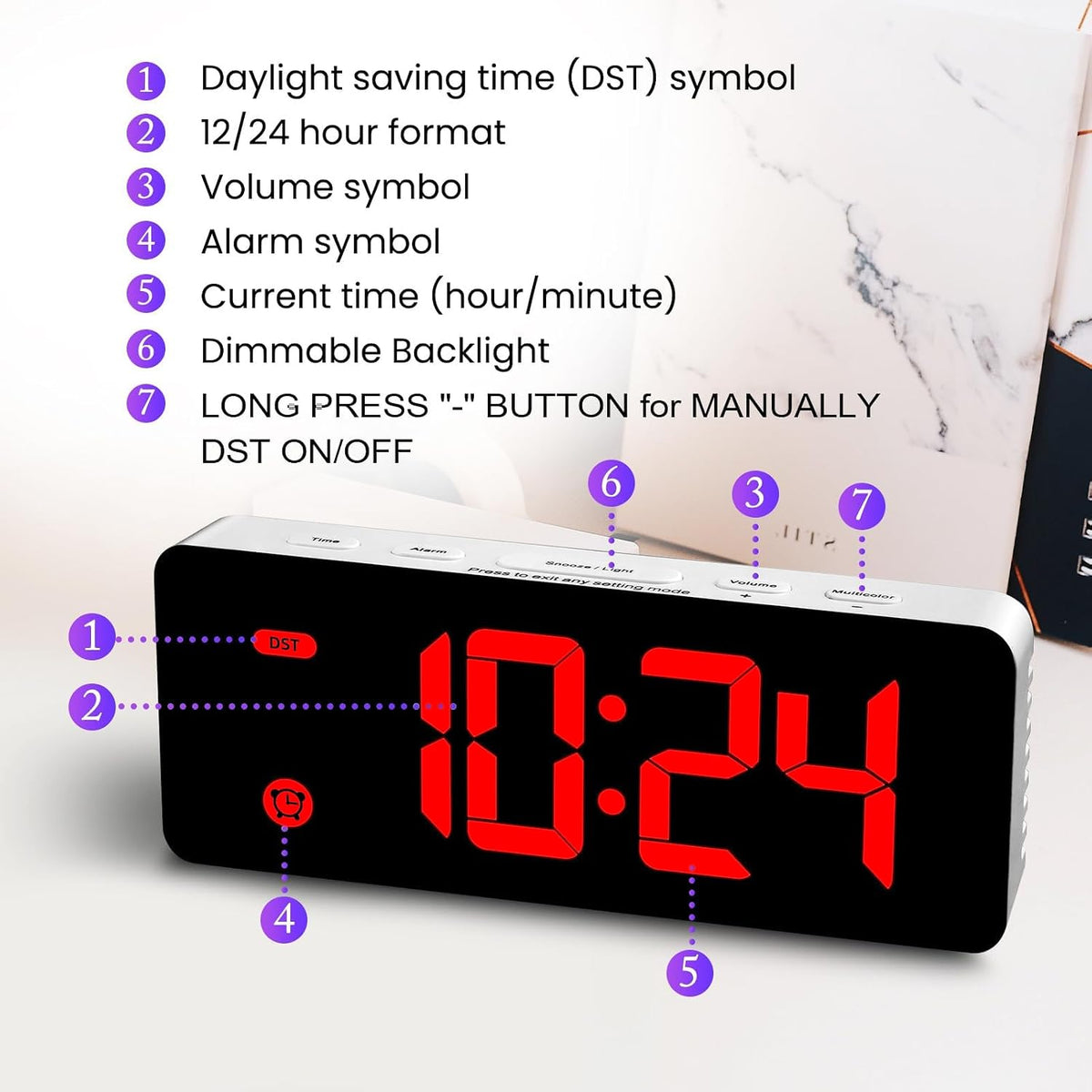 Alarm Clock for Kids -Digital Clock with 7 Color, 4 Dimmable Backlight & 3 Adjustable Volumes, 12/24 Hour, Snooze, Small Clocks for Classroom Bedroom