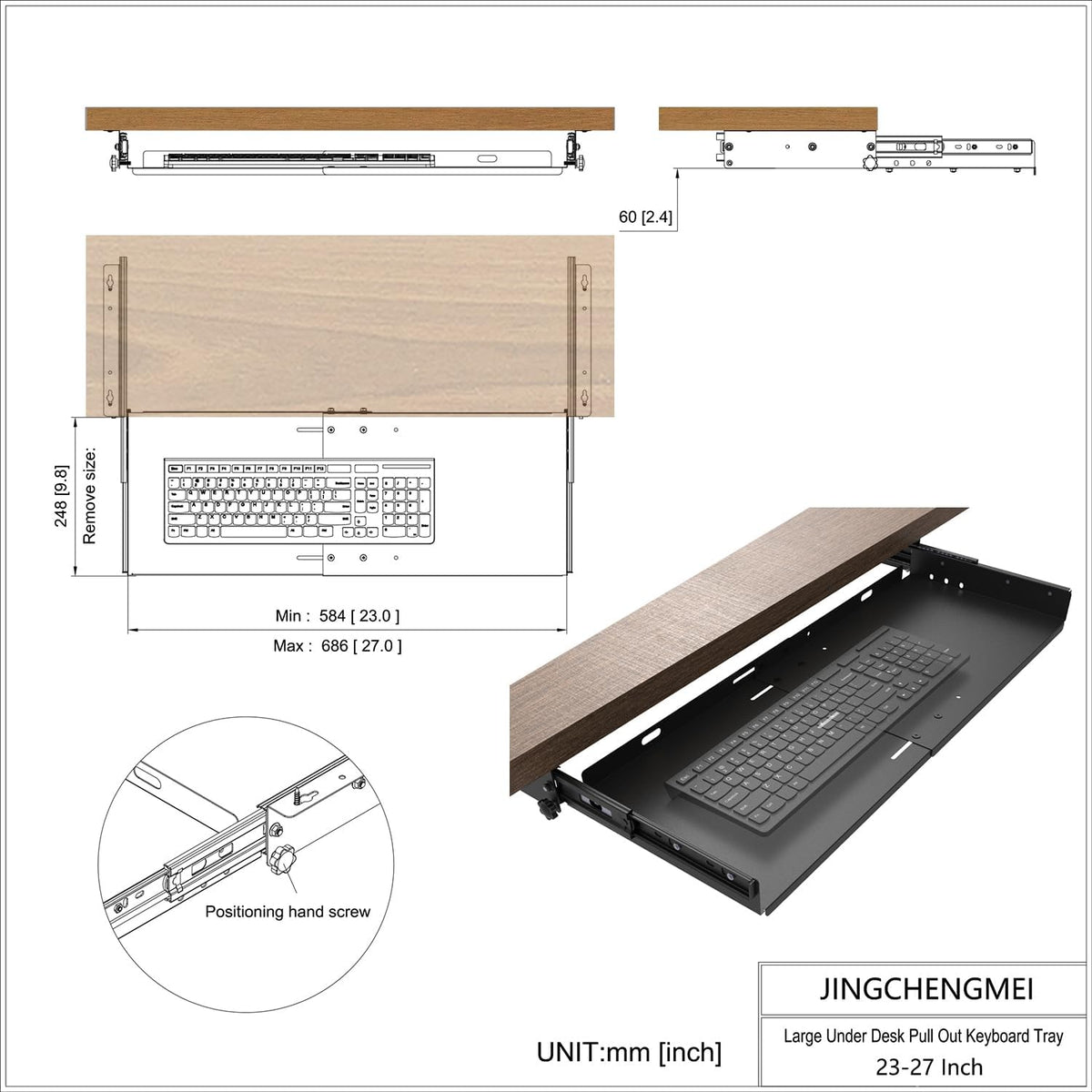 Large Under Desk Slide-Out Keyboard Tray, 27 x 9.8 inch