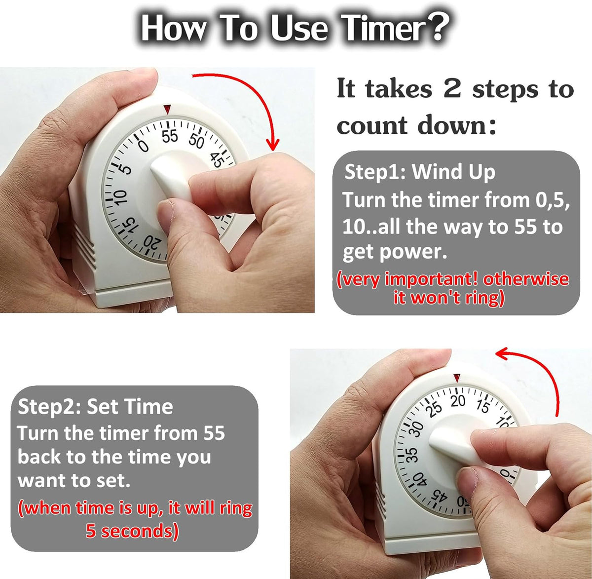 60 Minute Wind Up Timer, Visual Mechanical Timer with Loud Alarm, Manual Countdown Timers for Classroom, Home, Study and Cooking (White)