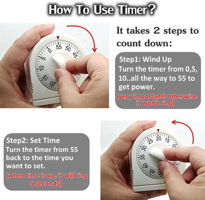 60 Minute Wind Up Timer, Visual Mechanical Timer with Loud Alarm, Manual Countdown Timers for Classroom, Home, Study and Cooking (White)