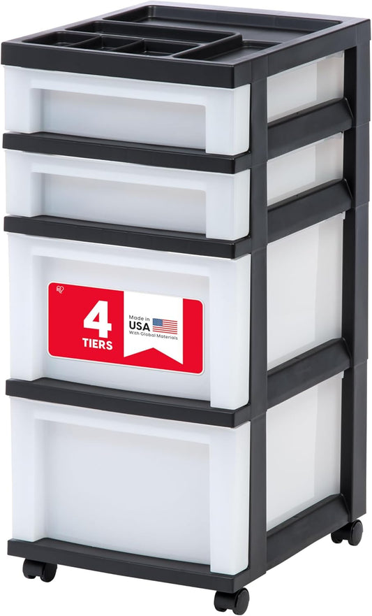 4-Drawer Rolling Storage Cart with Organizer Top, Black/Pearl