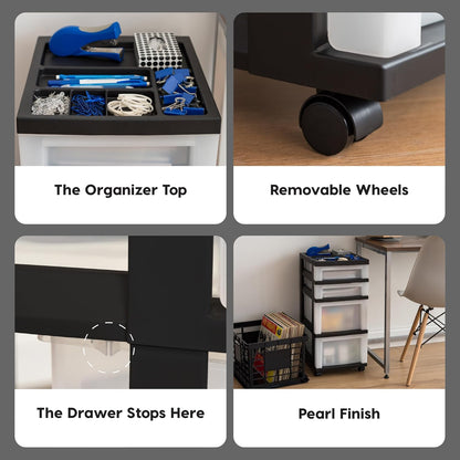 4-Drawer Rolling Storage Cart with Organizer Top, Black/Pearl