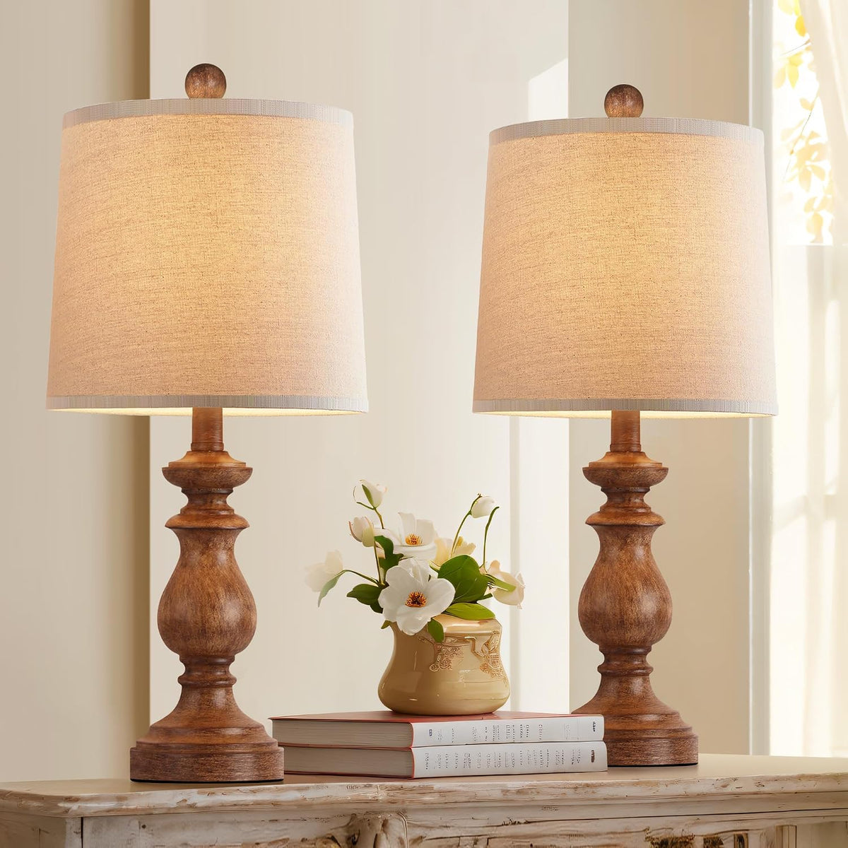 Traditional Table Lamp Set of 2, Rustic Farmhouse Table Lamps for Living Room Bedroom, 22" Bedside Desk Lamps Vintage Nightstand Lamps with Linen Shades, Wood Grain