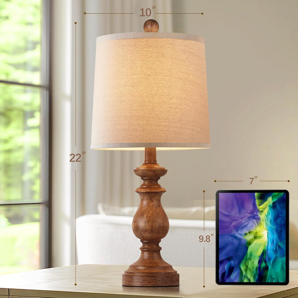 Traditional Table Lamp Set of 2, Rustic Farmhouse Table Lamps for Living Room Bedroom, 22" Bedside Desk Lamps Vintage Nightstand Lamps with Linen Shades, Wood Grain