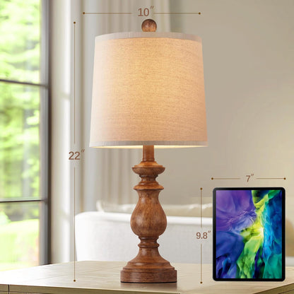 Traditional Table Lamp Set of 2, Rustic Farmhouse Table Lamps for Living Room Bedroom, 22" Bedside Desk Lamps Vintage Nightstand Lamps with Linen Shades, Wood Grain