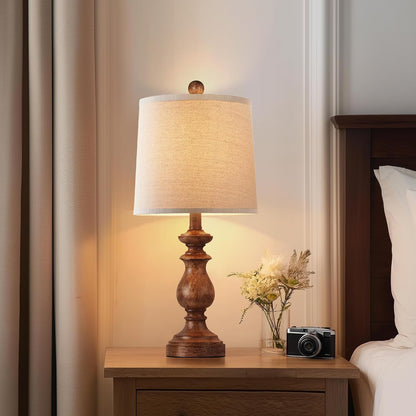 Traditional Table Lamp Set of 2, Rustic Farmhouse Table Lamps for Living Room Bedroom, 22" Bedside Desk Lamps Vintage Nightstand Lamps with Linen Shades, Wood Grain