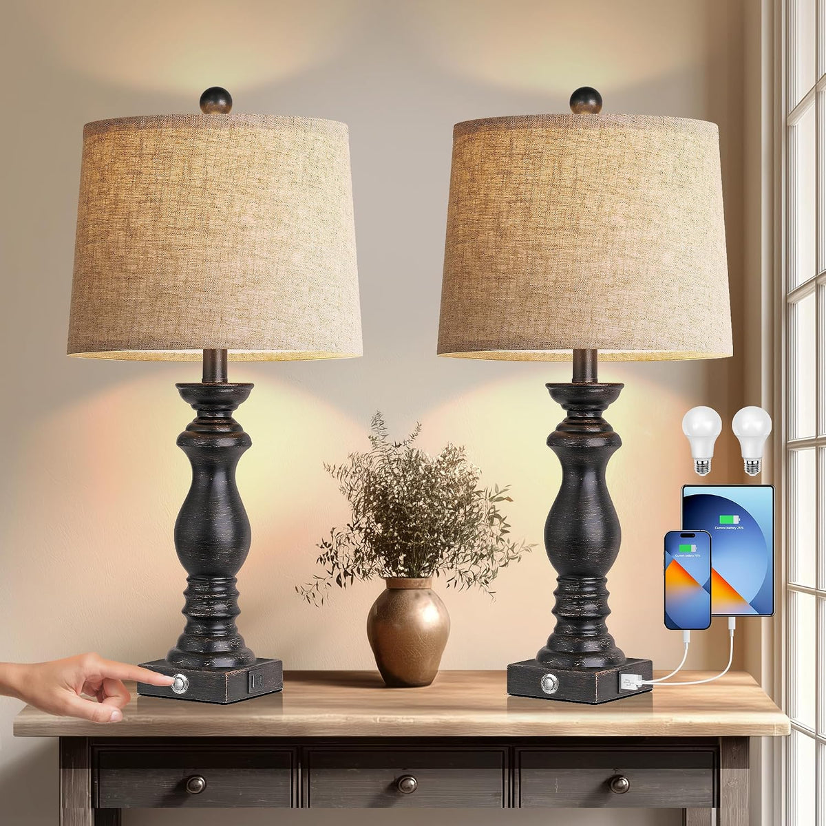 Traditional Table Lamp Set of 2, Rustic Farmhouse Table Lamps for Living Room Bedroom, 22" Bedside Desk Lamps Vintage Nightstand Lamps with Linen Shades, Wood Grain