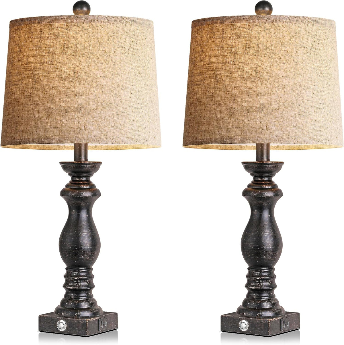 Traditional Table Lamp Set of 2, Rustic Farmhouse Table Lamps for Living Room Bedroom, 22" Bedside Desk Lamps Vintage Nightstand Lamps with Linen Shades, Wood Grain