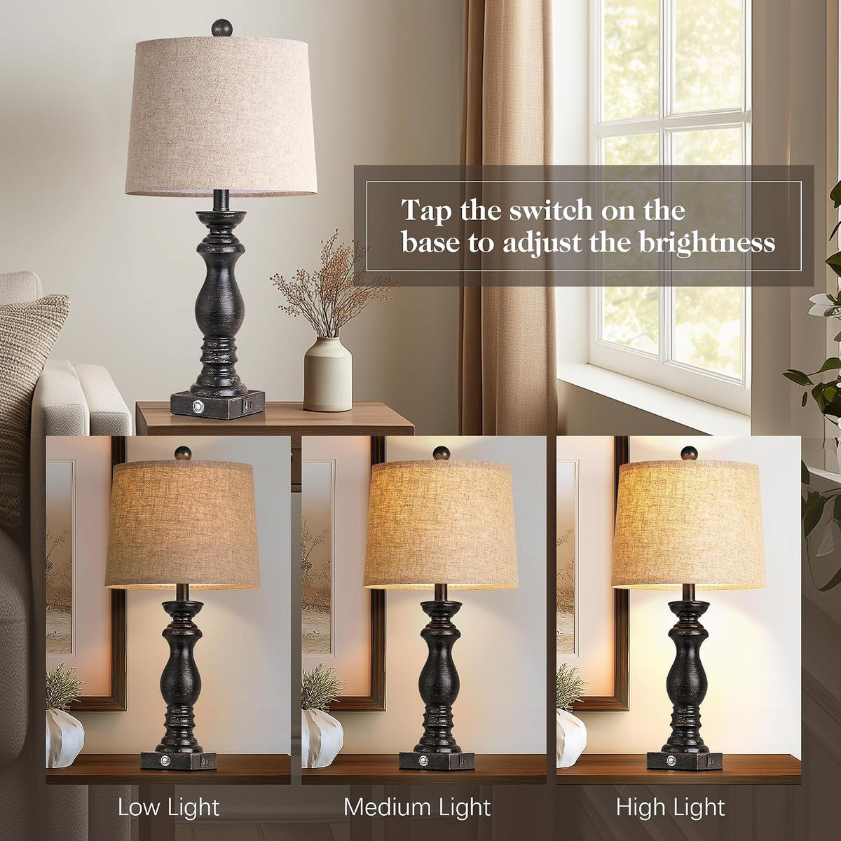 Traditional Table Lamp Set of 2, Rustic Farmhouse Table Lamps for Living Room Bedroom, 22" Bedside Desk Lamps Vintage Nightstand Lamps with Linen Shades, Wood Grain