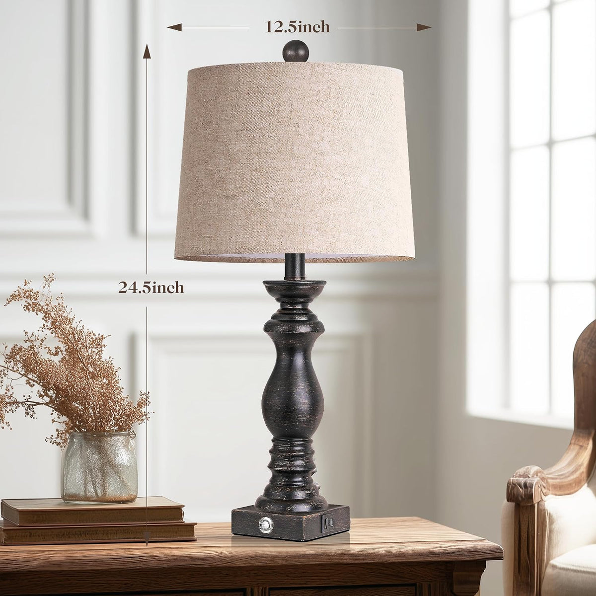 Traditional Table Lamp Set of 2, Rustic Farmhouse Table Lamps for Living Room Bedroom, 22" Bedside Desk Lamps Vintage Nightstand Lamps with Linen Shades, Wood Grain