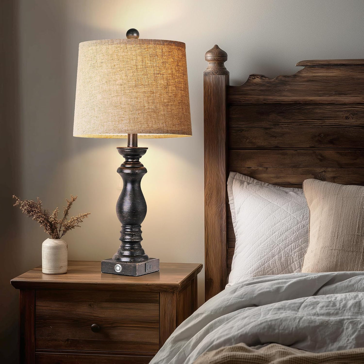 Traditional Table Lamp Set of 2, Rustic Farmhouse Table Lamps for Living Room Bedroom, 22" Bedside Desk Lamps Vintage Nightstand Lamps with Linen Shades, Wood Grain