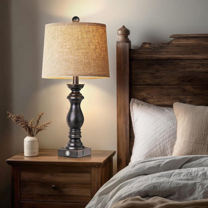 Traditional Table Lamp Set of 2, Rustic Farmhouse Table Lamps for Living Room Bedroom, 22" Bedside Desk Lamps Vintage Nightstand Lamps with Linen Shades, Wood Grain