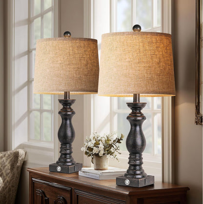 Traditional Table Lamp Set of 2, Rustic Farmhouse Table Lamps for Living Room Bedroom, 22" Bedside Desk Lamps Vintage Nightstand Lamps with Linen Shades, Wood Grain