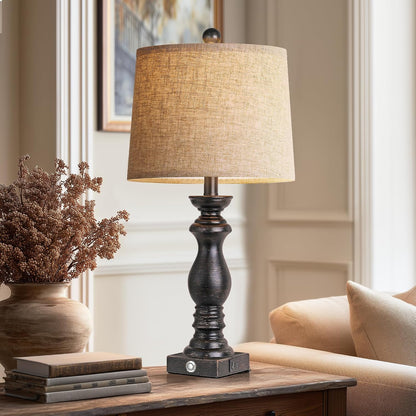 Traditional Table Lamp Set of 2, Rustic Farmhouse Table Lamps for Living Room Bedroom, 22" Bedside Desk Lamps Vintage Nightstand Lamps with Linen Shades, Wood Grain