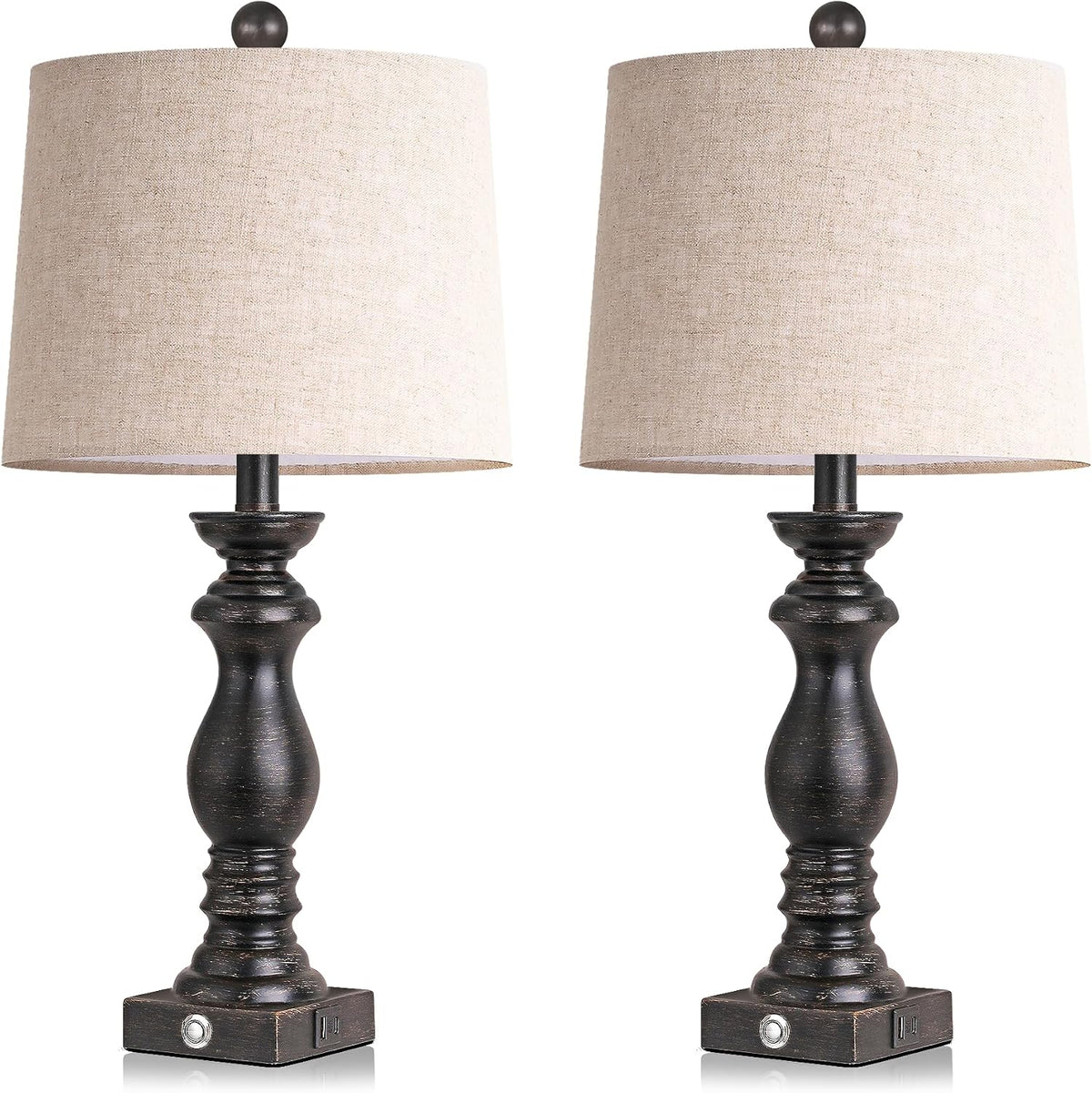 Traditional Table Lamp Set of 2, Rustic Farmhouse Table Lamps for Living Room Bedroom, 22" Bedside Desk Lamps Vintage Nightstand Lamps with Linen Shades, Wood Grain