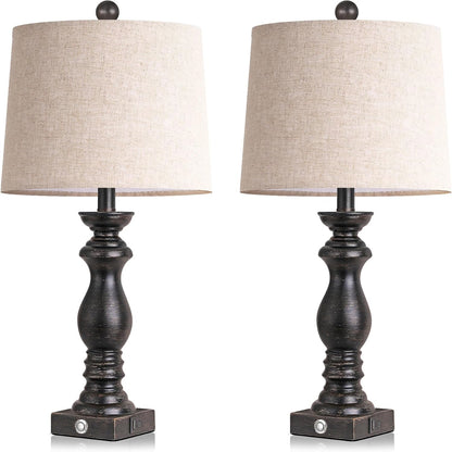 Traditional Table Lamp Set of 2, Rustic Farmhouse Table Lamps for Living Room Bedroom, 22" Bedside Desk Lamps Vintage Nightstand Lamps with Linen Shades, Wood Grain